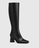 Kalona Black Leather Block Heel Long Boot 