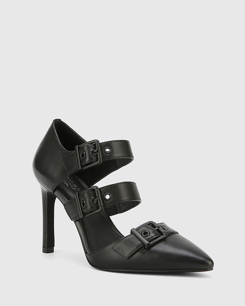 Hetika Black Leather Pointed Toe Stiletto Heel.