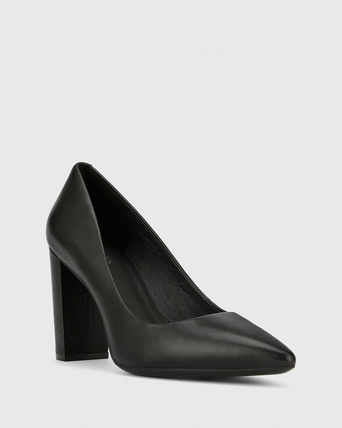 Hether Black Leather Pointed Toe Block Heel.