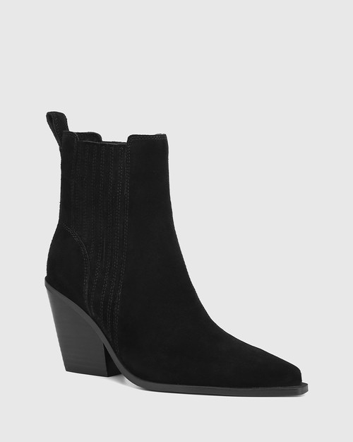 Salty Black Suede Block Heel Ankle Boot