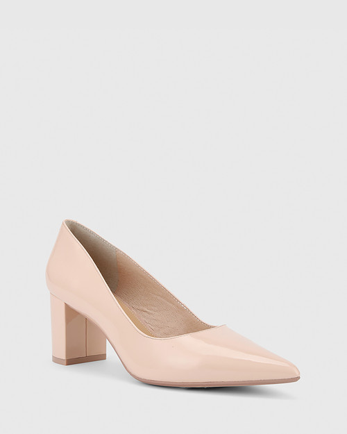 Dalena Pink Patent Pointed Toe Block Mid Heel