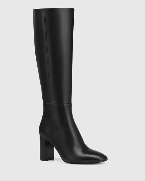 Perdita Black Leather Block Heel Long Boot
