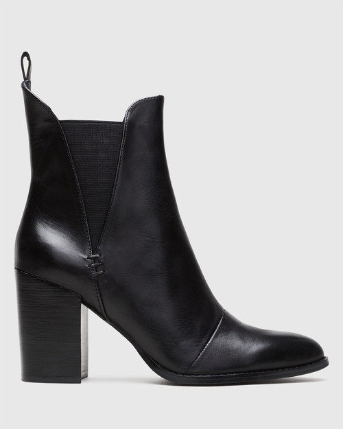 Honesty Black Leather Elasticated Gusset Block Heel Ankle Boot & Wittner & Wittner Shoes