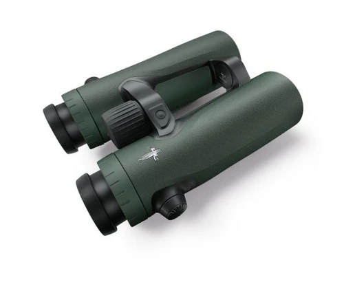 Swarovski EL Range 10x42, a pair of green and black binoculars with a built-in rangefinder and adjustable focus, designed for outdoor wildlife observation and hunting.