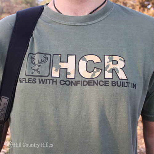 HCR T-Shirt in Moss Green, front view showing the camouflage pattern logo and text.