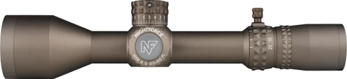 Nightforce NX8 2.5-20x50 F1 Dark Earth, a tactical rifle scope with an adjustable magnification, dark earth finish, and detailed turrets for precision shooting.