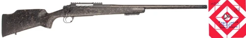 SOLD! Carbon Rifleman in 7mm PRC, image shows a long black carbon fiber rifle with a camouflage stock and a mounted scope.