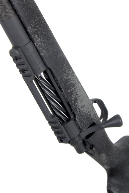 SOLD! Carbon Rifleman in 7 PRC, close-up of the rifle's stock with a textured black finish and tactical accessories.