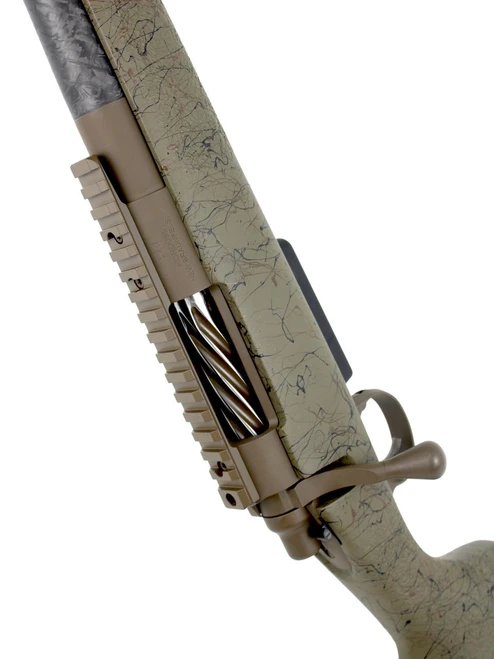 SOLD! Carbon Rifleman in 224 Valkyrie, close-up of the rifle's camo finish, bolt action, and tactical scope rail on a white background.