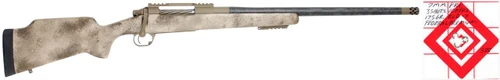 SOLD! Carbon Rifleman in 7 PRC, image of a long, camouflaged rifle with a scope, shown horizontally.