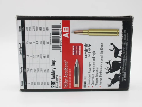 280 Ackley Improved Nosler Trophy Grade 160gr Accubond, ammunition box with a graphic of a gold-colored bullet and detailed ballistic data and benefits listed on the packaging.