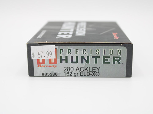 280 Ackley Improved Hornady Precision Hunter 162gr ELD-X, rifle ammunition box with black, silver, and red label featuring product details and pricing.