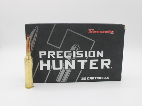 PRC Hornady Precision Hunter 175gr ELD-X, box of 20 rifle cartridges with a single cartridge placed in front.