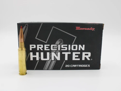 6.5 Creedmoor Hornady Precision Hunter 143gr ELD-X, box of 20 cartridges with one cartridge standing upright next to it.