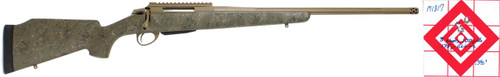 SOLD! HCR Huntsman in 7mm PRC, firearm with camouflage stock and long barrel, next to a target with three shots fired, caliber markings, and handwritten notes.
