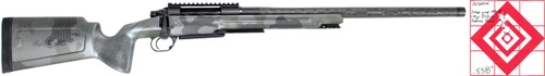 SOLD! Pathfinder Mountain Stalker in 7mm PRC, rifle with a gray camouflage stock, black metal barrel and scope, shown in a side view.