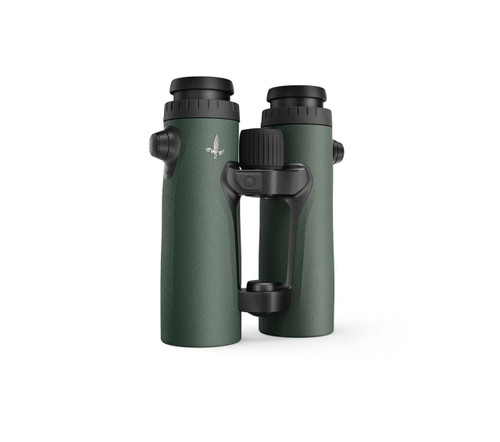 Swarovski EL Range 12x42 binoculars, green and black outdoor optical instrument with dual eyepieces and adjustable focus.