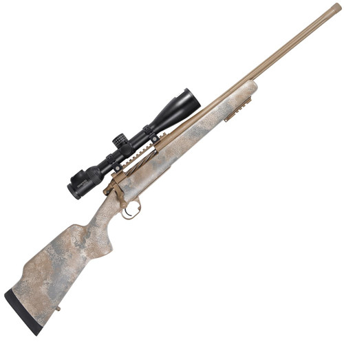 Hunt Ready Package: Long Range Hunter in 7mm PRC - 20" Rocky Mirage, bolt-action hunting rifle with camouflage finish and mounted scope for precision long-range hunting.