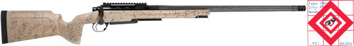 SOLD! Pathfinder in 300 PRC, a precision rifle featuring a beige camo stock, long black barrel, and an attached scope with target target markings.