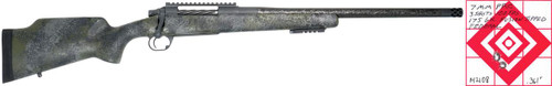 SOLD! Carbon Rifleman in 7mm PRC, detailed image of a black carbon fiber rifle with a scope rail and camouflage stock.