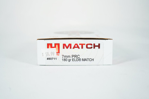 7mm PRC Hornady 180gr ELD-M, ammunition box with product details and price.