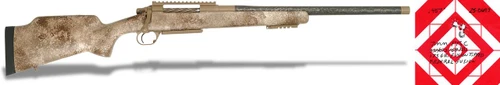 Carbon Rifleman in 7mm PRC - 20" Desert Mirage, a precision rifle with a desert camouflage finish and a custom firing target with shot pattern.