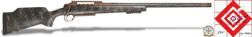 Carbon Rifleman in 300 PRC - 22 inches dark brown finish with tan and black webbing, tactical rifle with a long barrel and stock.