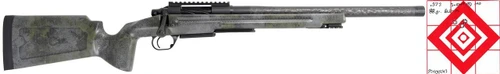 Product Pathfinder in 22 ARC #26-1045, tactical rifle with a camouflage stock and a long barrel, designed for precision shooting.