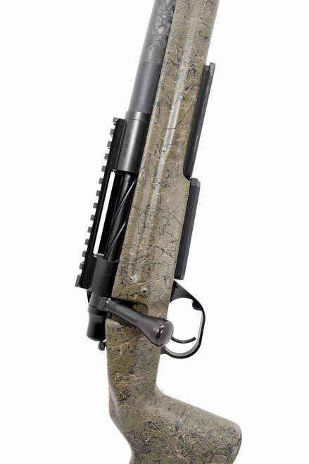 Pathfinder in 22 Creedmoor, side view of hunting rifle with camouflage stock and black metal components.