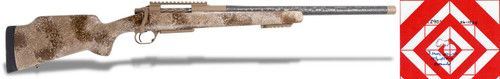 Product Carbon Rifleman in 6.5 PRC - 20" Desert Mirage, rifle with camouflage finish and scope, displayed horizontally with shooting target in background.