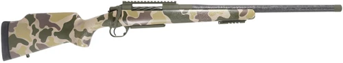 SOLD! Carbon Rifleman in 7mm PRC - 20" HCR Duck Camo, a camouflage-patterned tactical rifle with a carbon fiber barrel and adjustable stock.