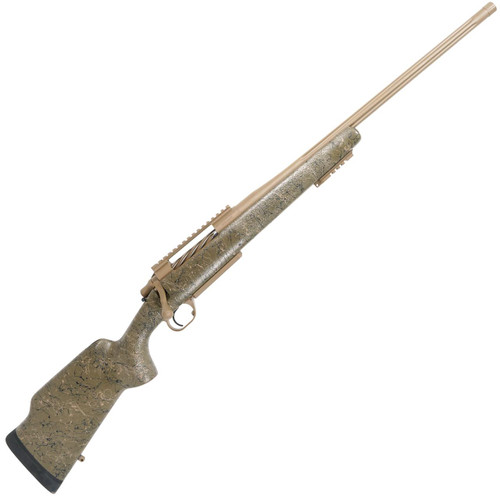 Long Range Hunter in 7mm PRC, 22 inch olive colored rifle with tan and black webbing, featuring a camouflage pattern on the stock and a sleek, modern design.