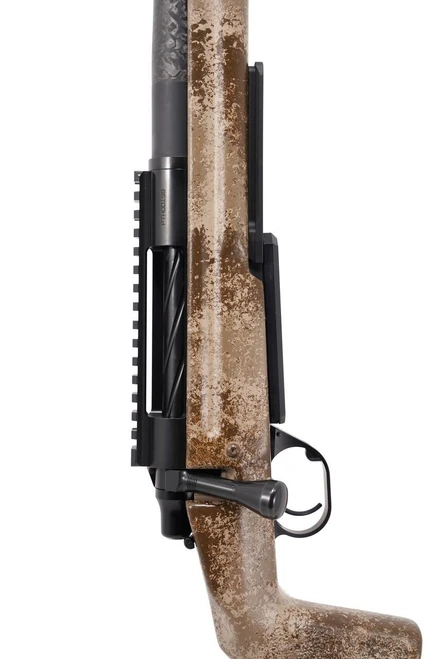 Pathfinder in 7mm PRC, rifle with brown camo stock, mounted with scope, showing the bolt and trigger.