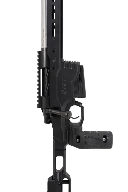 Pathfinder PRS rifle chassis in 6mm Creedmoor with black and silver tactical design.