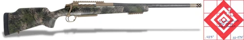 Carbon Rifleman in 7mm PRC - 20" Woodland Mirage, side view of a bolt-action rifle featuring a woodland camouflage stock, tan receiver, black barrel, and muzzle brake against a white background.