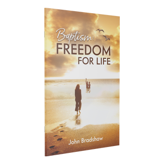 Front cover of the pocketbook "Baptism: Freedom for Life" by John Bradshaw, featuring a serene water scene and a clear title in modern typography.
