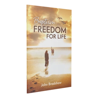 Front cover of the pocketbook "Baptism: Freedom for Life" by John Bradshaw, featuring a serene water scene and a clear title in modern typography.