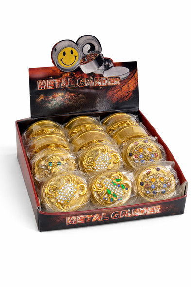 GRINDER - NOVELTY - GOLD METAL GRINDER 3D DESIGN DIAMONDS ON TOP 12CT DISPLAY