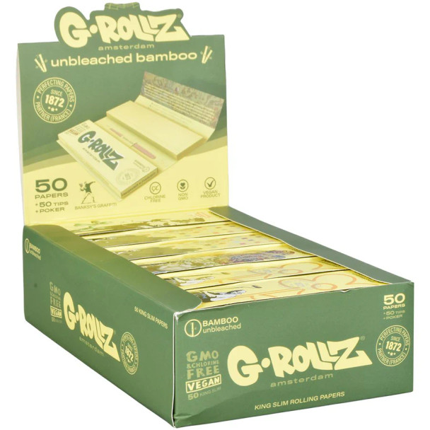 G-ROLLZ | REGGAE RAP - DISPLAY - KING SIZE - 50 PAPERS + TIPS & TRAY - 16 BOOKLETS - BAMBOO UNBLEACHED