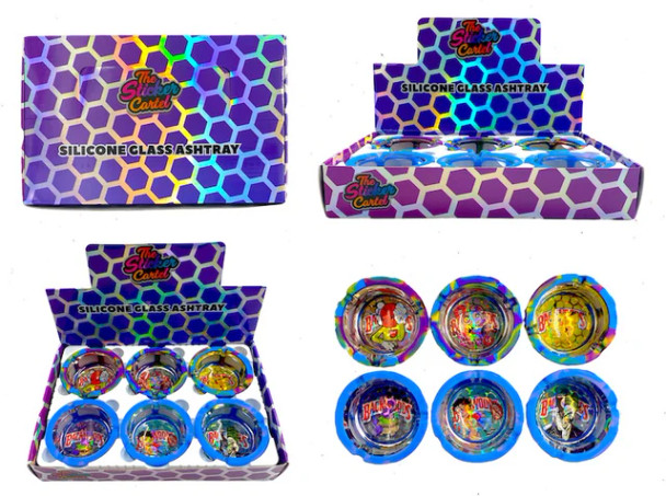 THE STICKER CARTEL - SILICONE+GLASS ASHTRAY DISPLAY OF 6 - 85MM THE STICKER CARTEL - SILICONE+GLASS ASHTRAY DISPLAY OF 6 - 85MM