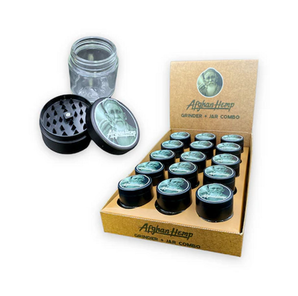 Afghan Hemp - JAR DISPLAY OF 15 - GRINDER + GLASS JAR COMBO Afghan Hemp - JAR DISPLAY OF 15 - GRINDER + GLASS JAR COMBO