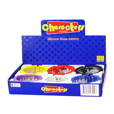 CHARACTERS - SILICONE+GLASS ASHTRAY DISPLAY OF 6 - 100MM