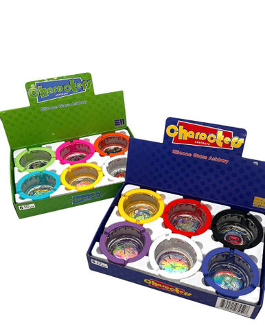 CHARACTERS - SILICONE+GLASS ASHTRAY DISPLAY OF 6 - 100MM
