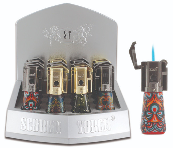 SCORCH TORCH - DISPLAY OF 12 - 61774 - DUAL FUNCTIONAL TORCH ASSORTED DESIGNS