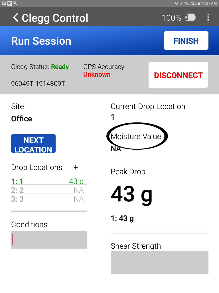 Clegg App connects Mascaro Infill and Cleat Depth Tester for infill depth and gMax Readings