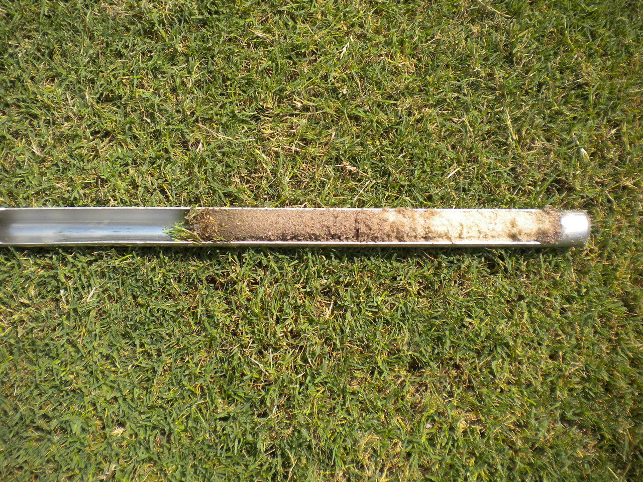 Tubular Soil Sampler 36 Inch Tall with Step - Stainless Steel - Close up of sample quality (16 1/2 inch deep sample)