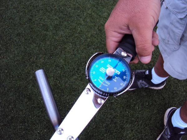 Turf-Tec Shear Strength Tester (Shear Vane) - For testing shear strength of turf on football and soccer fields - Unit comes with Shear strength tester, precision torque wrench, shear vane foot, cleats and protective hard case - Close up of wrench