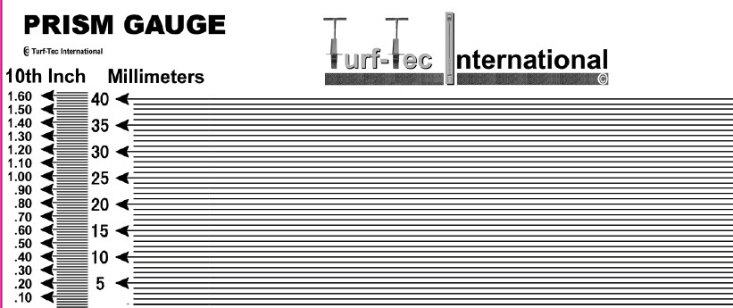 Turf-Tec Metric Height of cut prism gauge (Millimeter Model) - Scale lines match FIFA testing guidelines