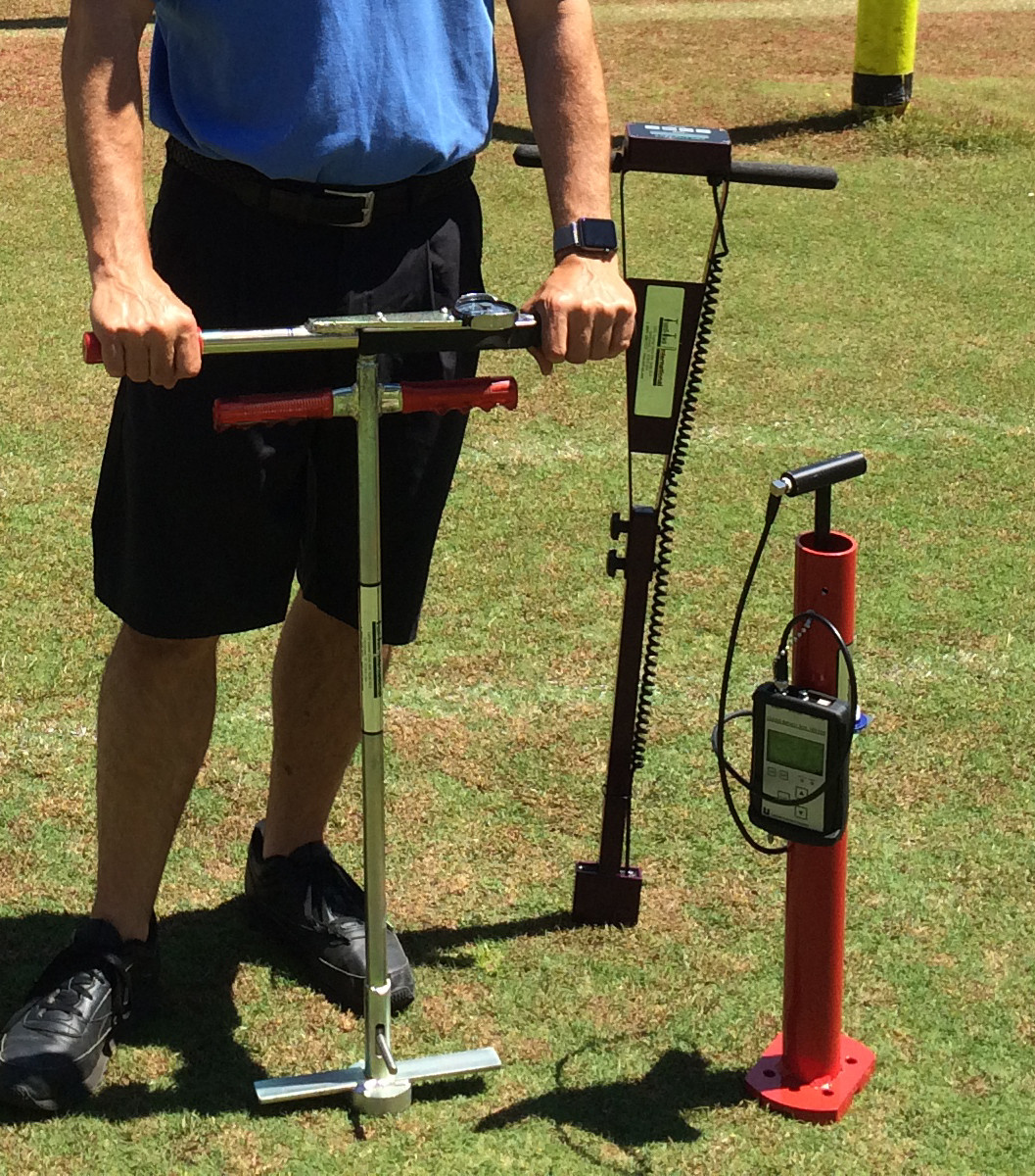 Field Scout Moisture Sensor shown with Clegg Impact Tester - 2.25 kg Model (Not Included) and Turf-Tec Shear Strength Tester (Not Included).  These are the three testing instruments that each NFL Field uses before and after games to check for safety and playability of the athletic fields