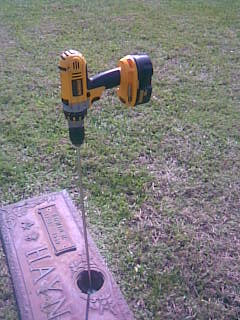 The Turf-Tec Cemetery Vase Clean Out Tool is simply inserted into a cordless drill and placed into the monument vase to be cleaned out. 